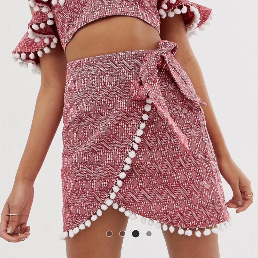 Asos Womens Red and White Jacquard Pom Pom wrap beach skirt